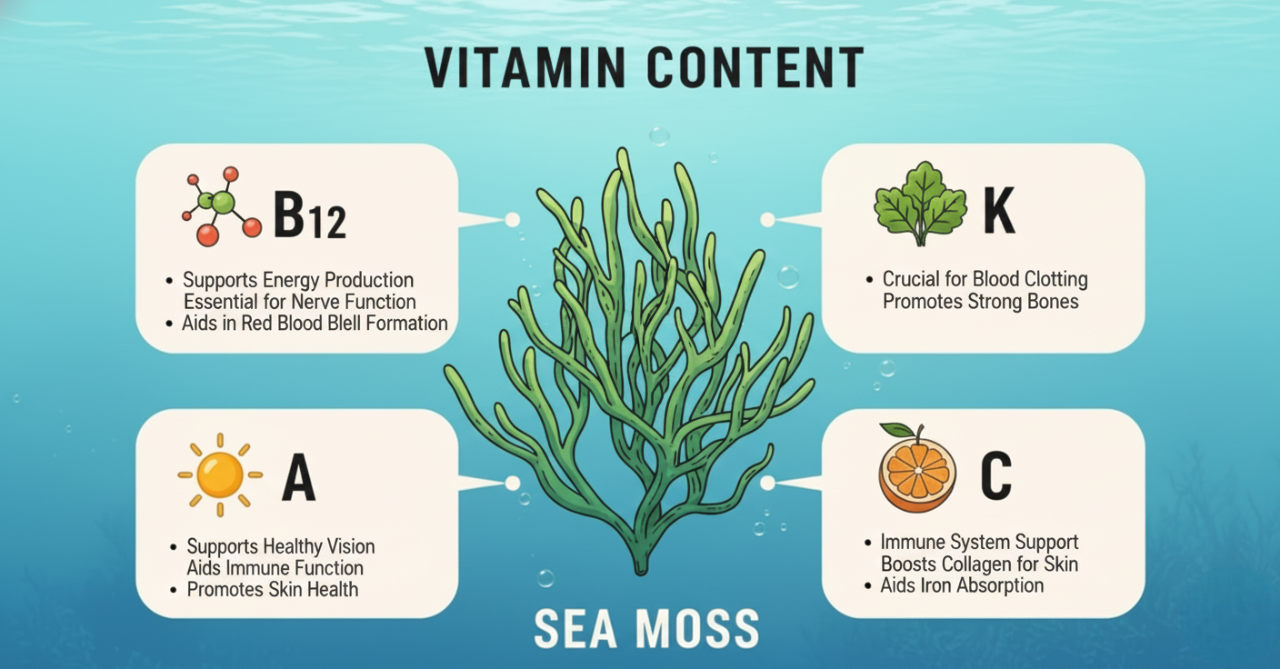 An infographic of the vitamin content in sea moss. It highlights four key vitamins and their benefits: Vitamin B12 for energy, Vitamin K for blood clotting, Vitamin A for immune function, and Vitamin C for immune support and collagen.