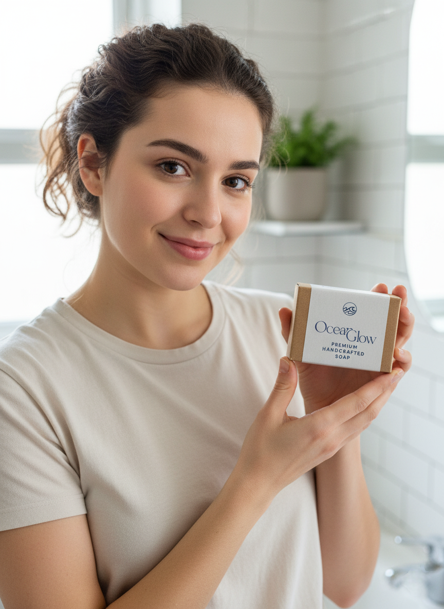 Woman holding organic sea moss soap for face cleansing